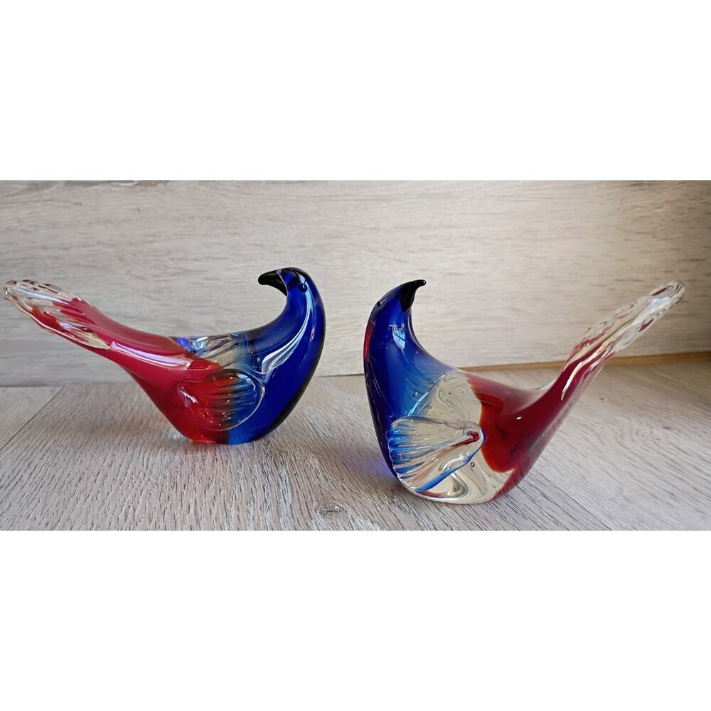 Vintage Blown Glass Birds Set of 2 Red Blue Clear Home Decor R-1